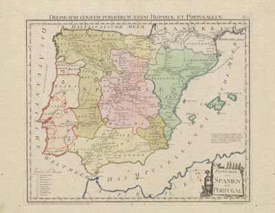 Postcard of Spain and Portugal. Delineatio Cursuum Publicorum Regni Hispaniae Et Portugalliae by Franz Johann Joseph von Reilly